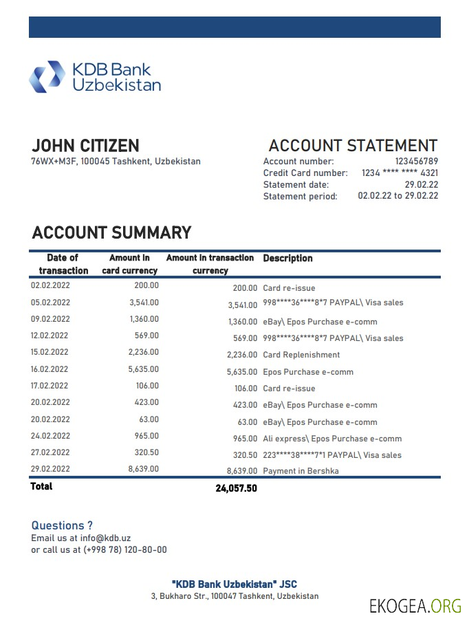 Relevé bancaire de la KDB d'Ouzbékistan